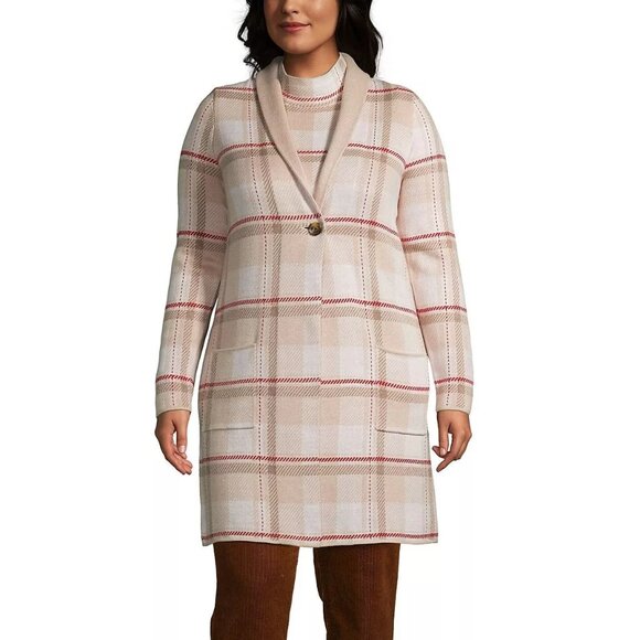 Lands' End Sweaters - Lands End Size XL Beige & Red Plaid Long Sleeve Shawl Collar Cardigan Sweater